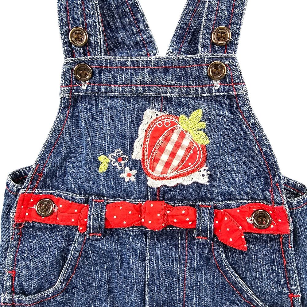 Vintage Denim Overalls 6-9 mos Embroidered Strawberry Ruffle Hem Eyelet Accents